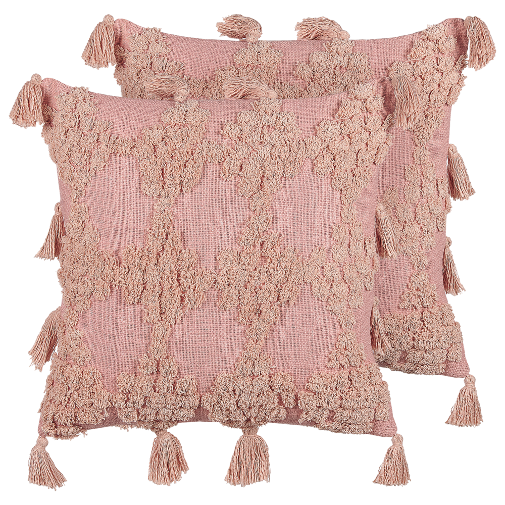 Set di 2 cuscini decorativi cotone rosa 45 x 45 cm motivo geometrico nappe rivestimento sfoderabile con imbottitura boho