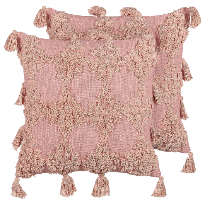 Set di 2 cuscini decorativi cotone rosa 45 x 45 cm motivo geometrico nappe rivestimento sfoderabile con imbottitura boho
