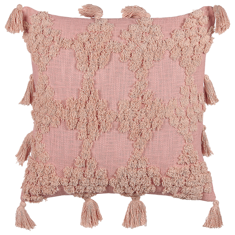 Set di 2 cuscini decorativi cotone rosa 45 x 45 cm motivo geometrico nappe rivestimento sfoderabile con imbottitura boho