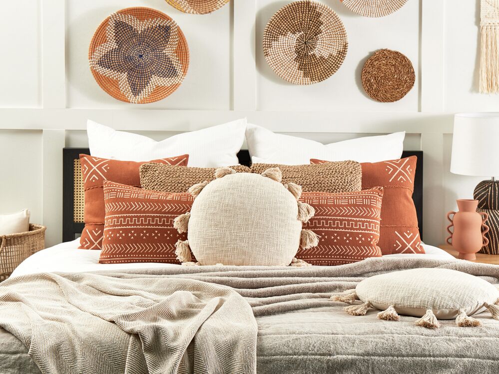 Cuscino decorativo cotone beige 45 cm rotondo con nappe moderni boho decor accessori