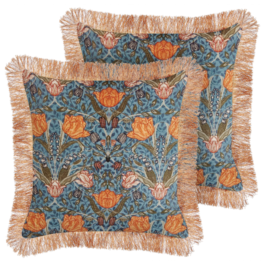 Set di 2 cuscini decorativi blu arancio cotone 45 x 45 cm cotone motivo fiore frange moderno glamour decor