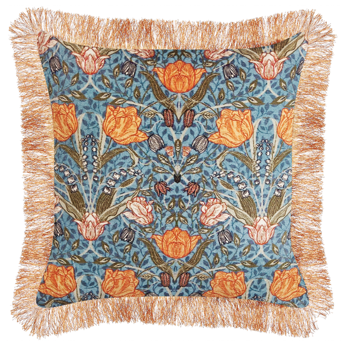 Set di 2 cuscini decorativi blu arancio cotone 45 x 45 cm cotone motivo fiore frange moderno glamour decor