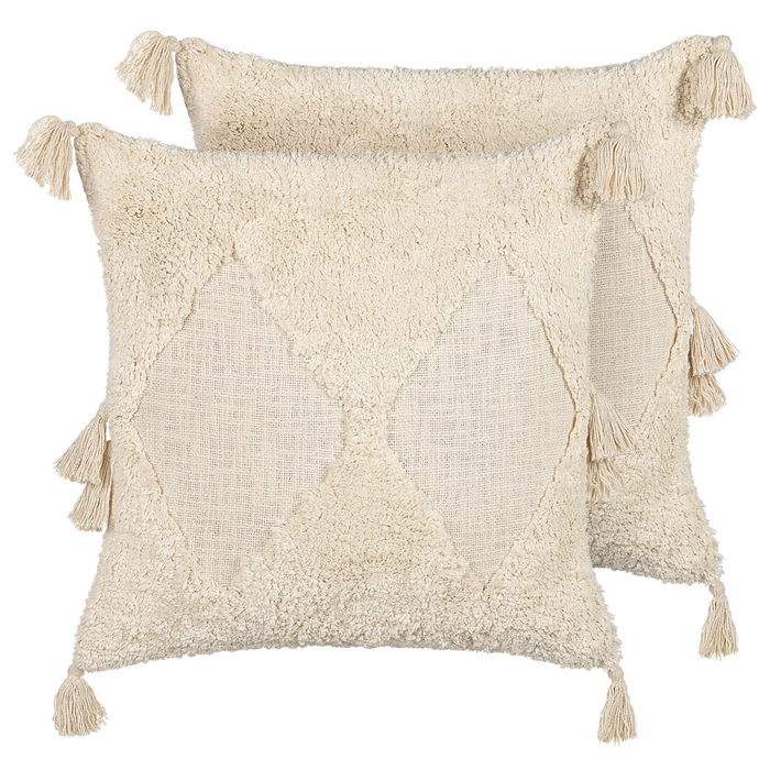 Set di 2 cuscini decorativi cotone beige chiaro 45 x 45 cm motivo geometrico nappe rivestimento sfoderabile con imbottitura boho