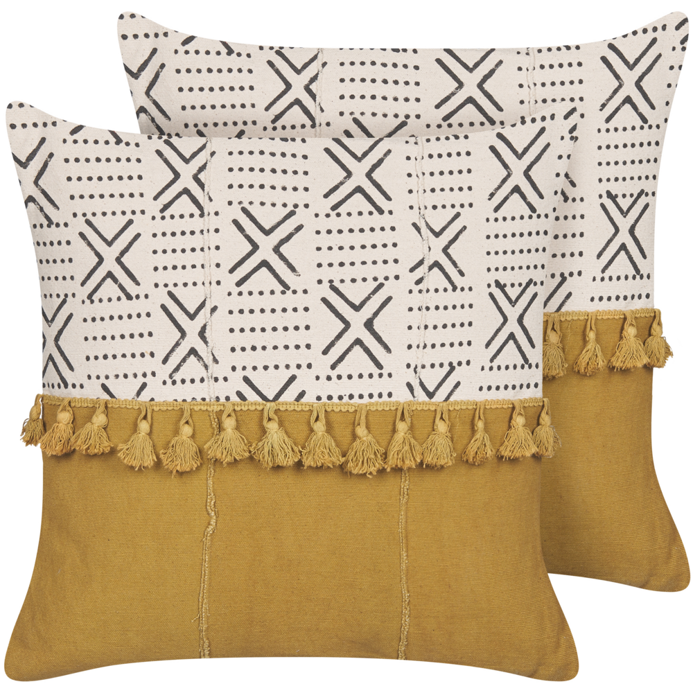 Set di 2 cuscini decorativi cotone bianco e giallo 45 x 45 cm motivo geometrico stampa blocchi stile boho accessori