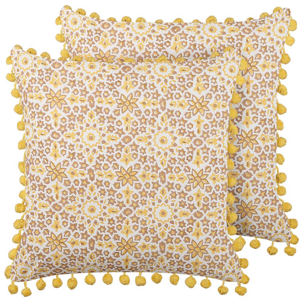 Set di 2 cuscini decorativi giallo cotone 45 x 45 cm motivo geometrico stampa blocchi stile boho accessori