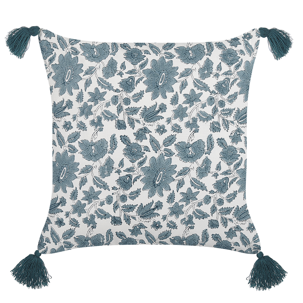 Cuscino decorativo cotone bianco e blu 45 x 45 cm motivo geometrico stampa a blocchi con nappe accessori stile boho