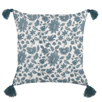 Cuscino decorativo cotone bianco e blu 45 x 45 cm motivo geometrico stampa a blocchi con nappe accessori stile boho