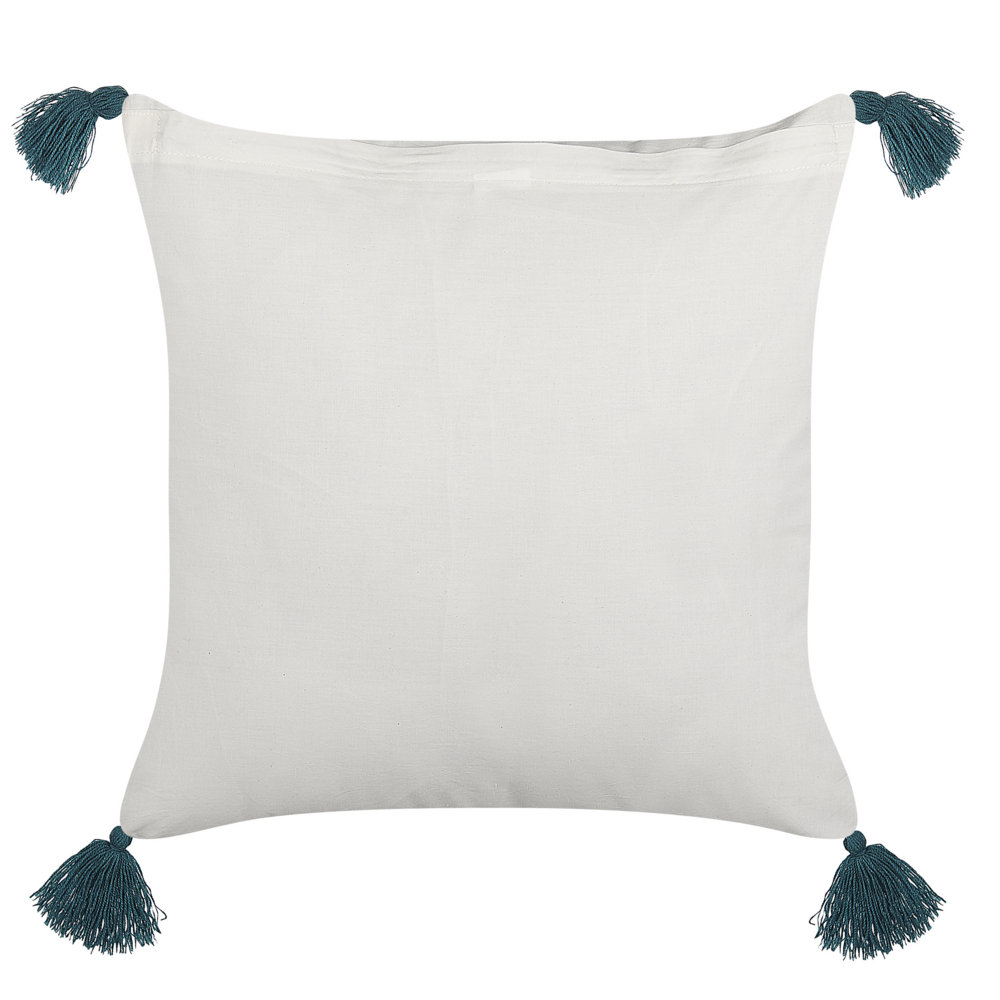 Cuscino decorativo cotone bianco e blu 45 x 45 cm motivo geometrico stampa a blocchi con nappe accessori stile boho