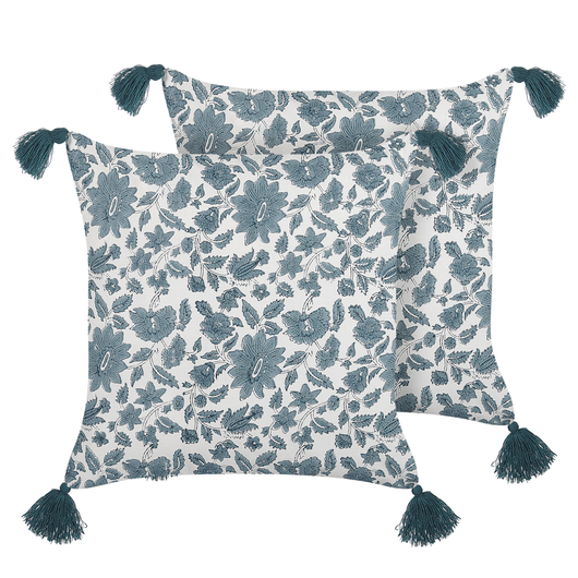 Set di 2 cuscini decorativi cotone bianco e blu 45 x 45 cm motivo geometrico stampa a blocchi con nappe accessori stile boho