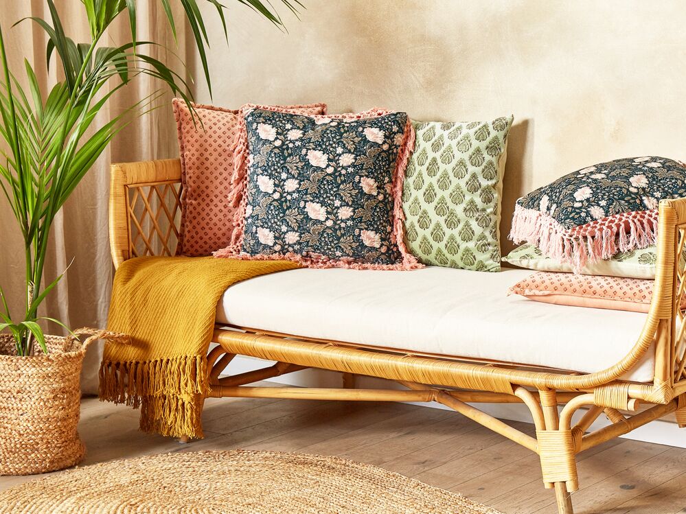 Set di 2 cuscini decorativi blu rosa velluto 45 x 45 cm velluto motivo fiore frange moderno glamour decor