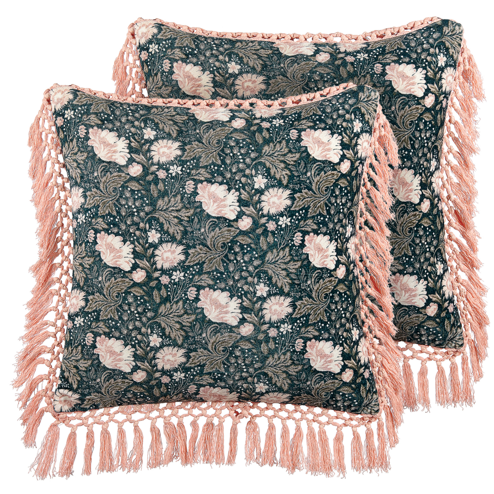 Set di 2 cuscini decorativi blu rosa velluto 45 x 45 cm velluto motivo fiore frange moderno glamour decor
