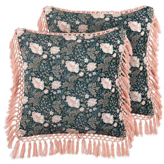 Set di 2 cuscini decorativi blu rosa velluto 45 x 45 cm velluto motivo fiore frange moderno glamour decor