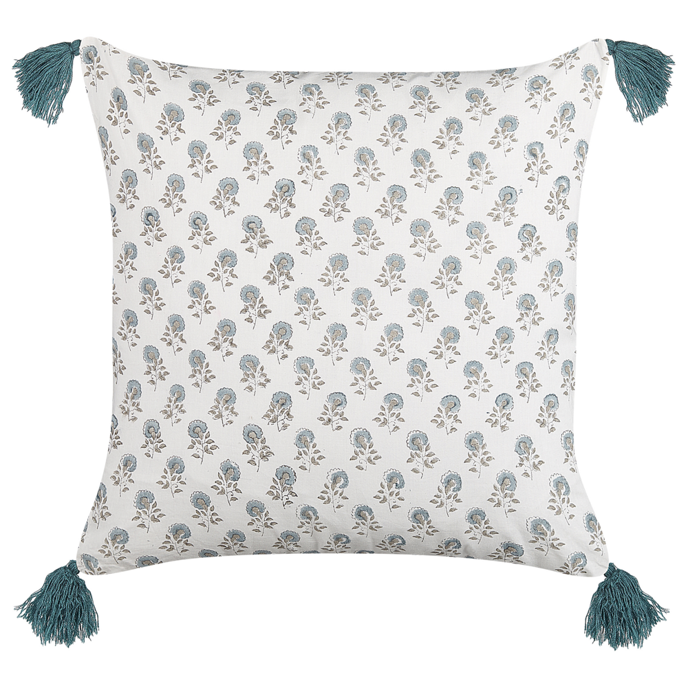 Cuscino decorativo bianco e blu cotone 45 x 45 cm motivo floreale nappe fatto a mano rivestimento sfoderabile con imbottitura boho style