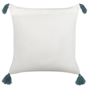 Cuscino decorativo bianco e blu cotone 45 x 45 cm motivo floreale nappe fatto a mano rivestimento sfoderabile con imbottitura boho style