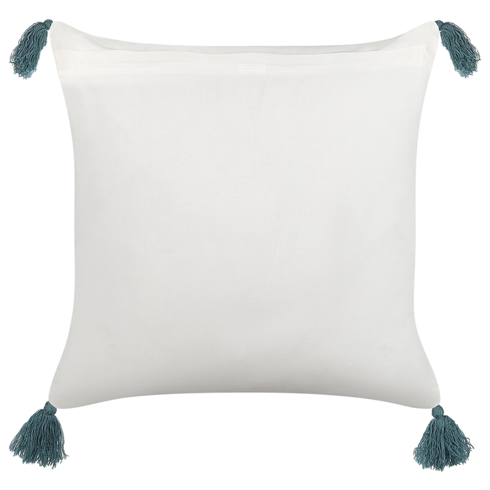 Cuscino decorativo bianco e blu cotone 45 x 45 cm motivo floreale nappe fatto a mano rivestimento sfoderabile con imbottitura boho style