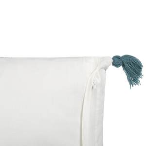 Cuscino decorativo bianco e blu cotone 45 x 45 cm motivo floreale nappe fatto a mano rivestimento sfoderabile con imbottitura boho style