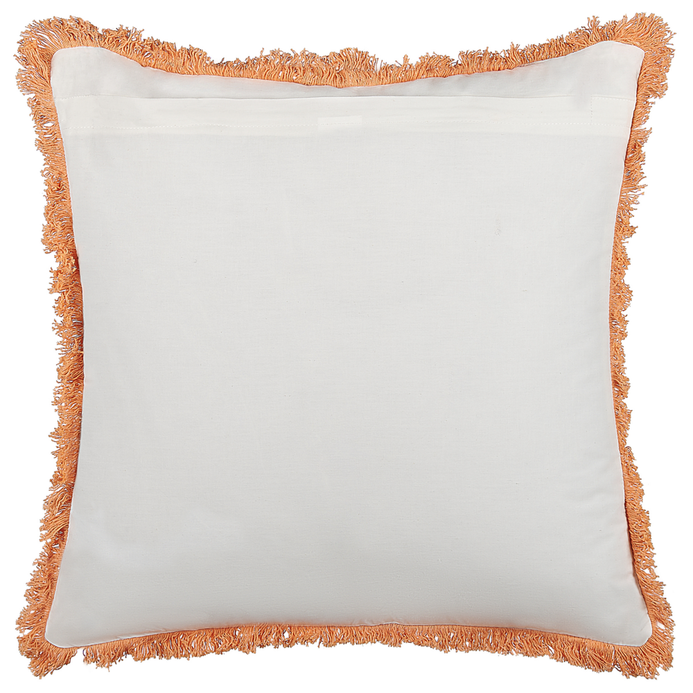 Cuscino decorativo cotone bianco e arancione 45 x 45 cm motivo floreale nappe fatto a mano rivestimento sfoderabile con imbottitura boho style