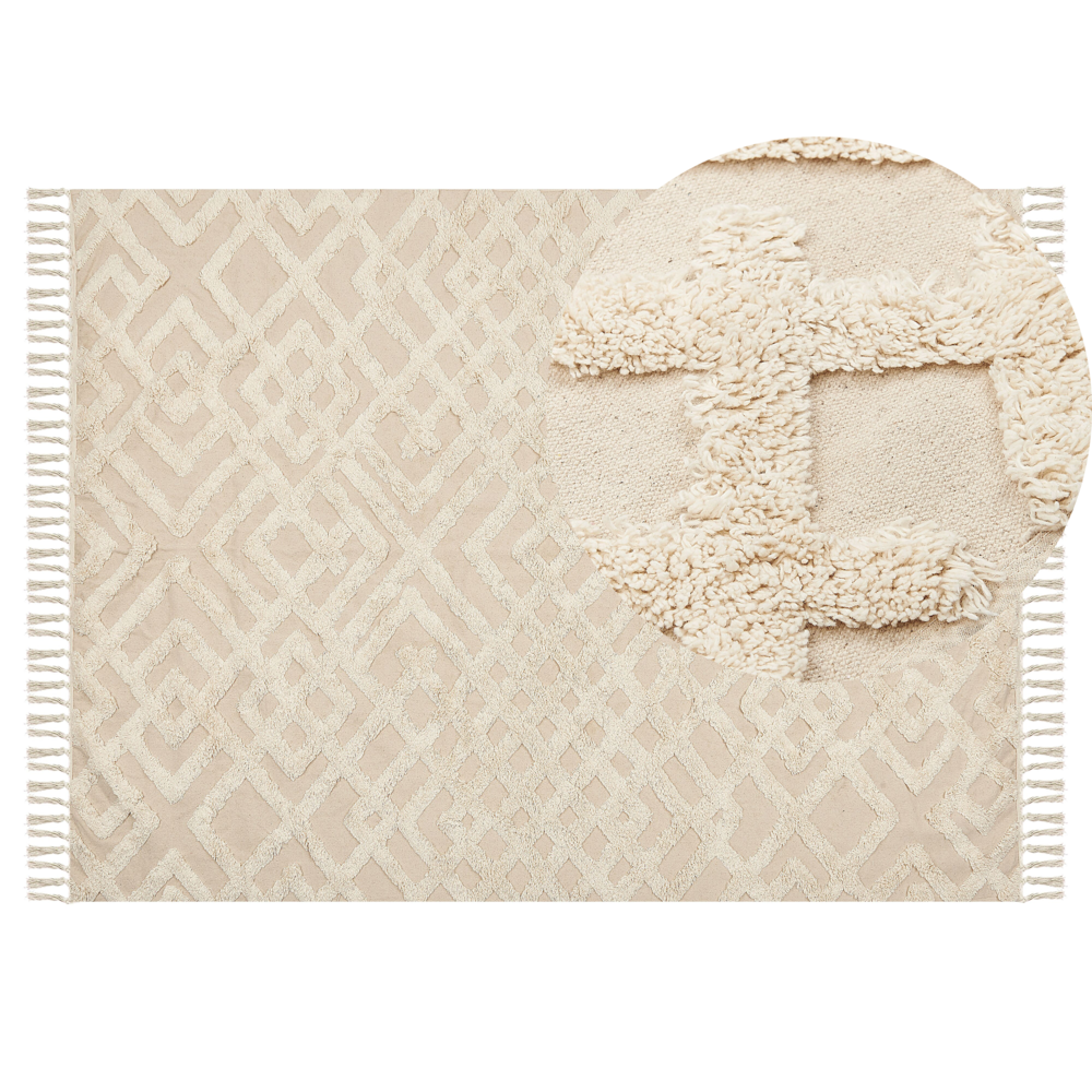 Tappeto in Cotone Beige 140 x 200 cm Minimalista Shaggy Trapuntato motivo Geometrico soggiorno camera da Letto