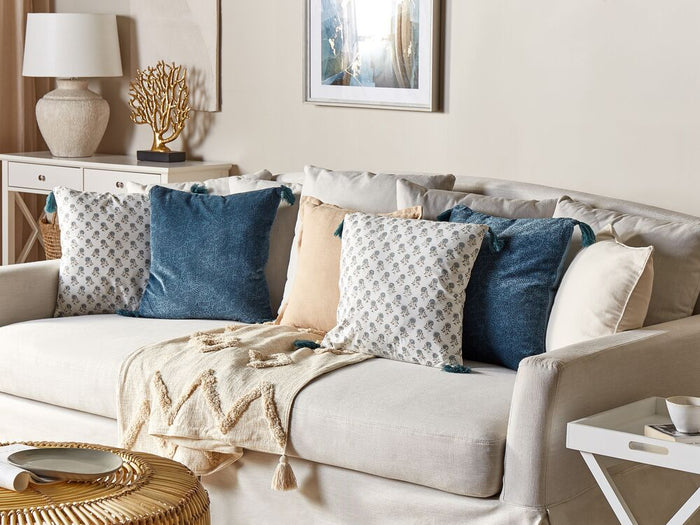 Set di 2 cuscini decorativi bianchi e blu cotone 45 x 45 cm motivo floreale nappe fatto a mano rivestimento sfoderabile con imbottitura stile boho