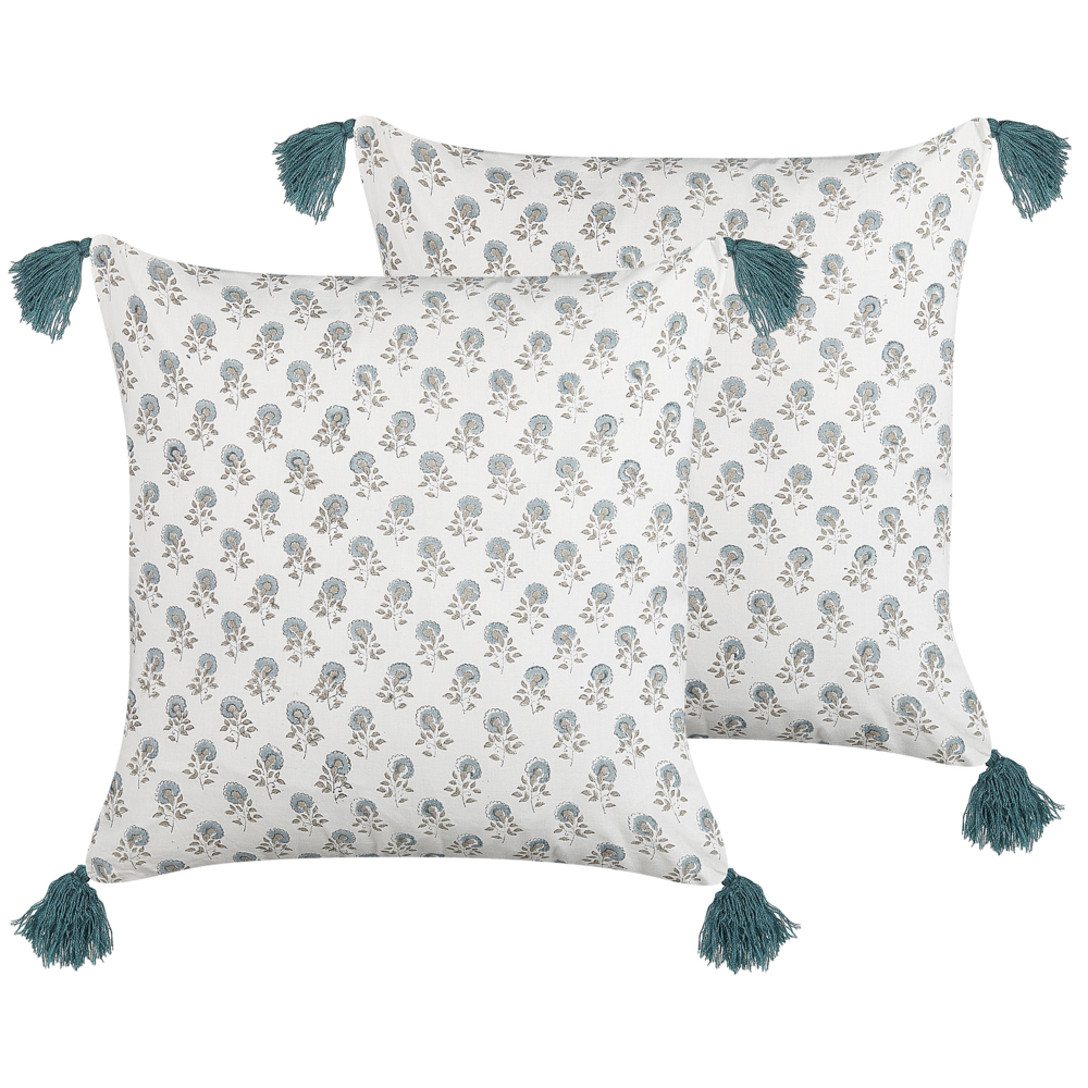 Set di 2 cuscini decorativi bianchi e blu cotone 45 x 45 cm motivo floreale nappe fatto a mano rivestimento sfoderabile con imbottitura stile boho