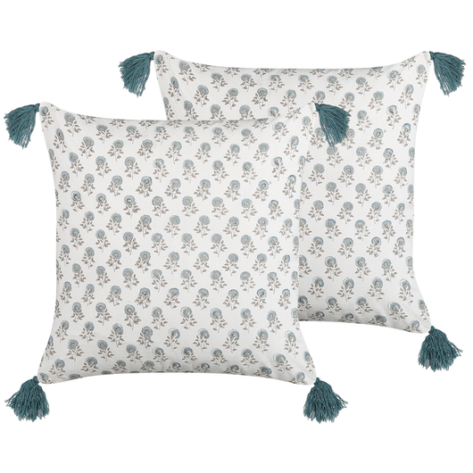 Set di 2 cuscini decorativi bianchi e blu cotone 45 x 45 cm motivo floreale nappe fatto a mano rivestimento sfoderabile con imbottitura stile boho