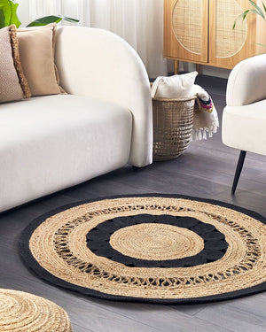 Tappeto beige e nero rotondo 120 cm boho rustico iuta naturale decorativo soggiorno camera da letto sala da pranzo