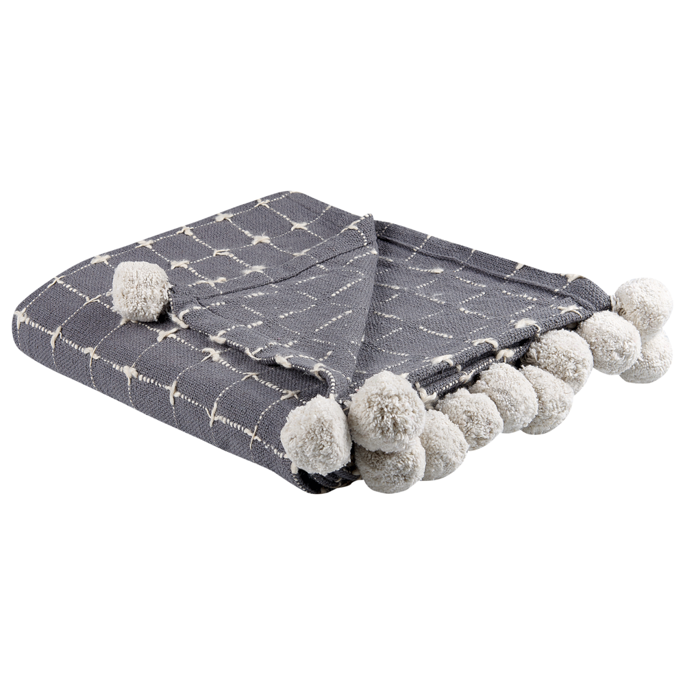 Coperta in cotone grigio con pompon 125 x 150  stile boho soggiorno camera da letto accessorio divano