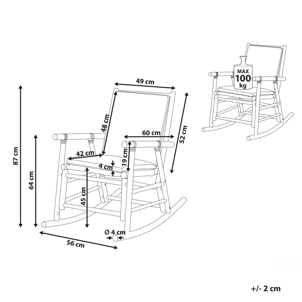Sedia a dondolo da giardino bambù legno chiaro cuscini bianchi boho