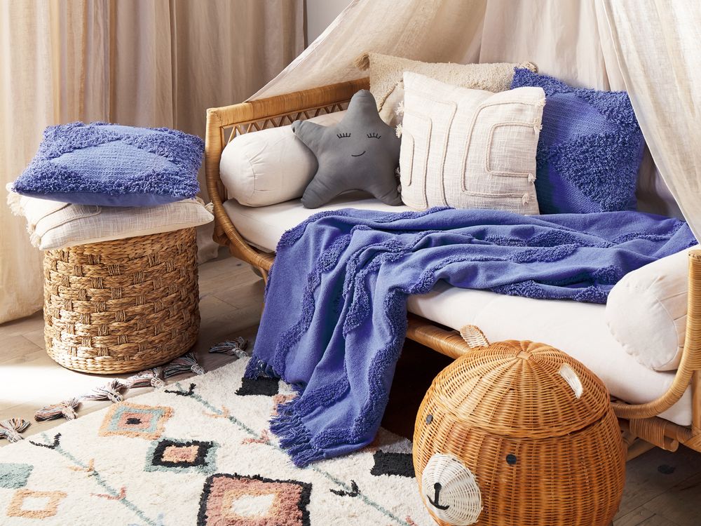 Coperta in cotone viola con frange e motivo geometrico 125 x 150 cm stile boho soggiorno camera da letto accessorio divano