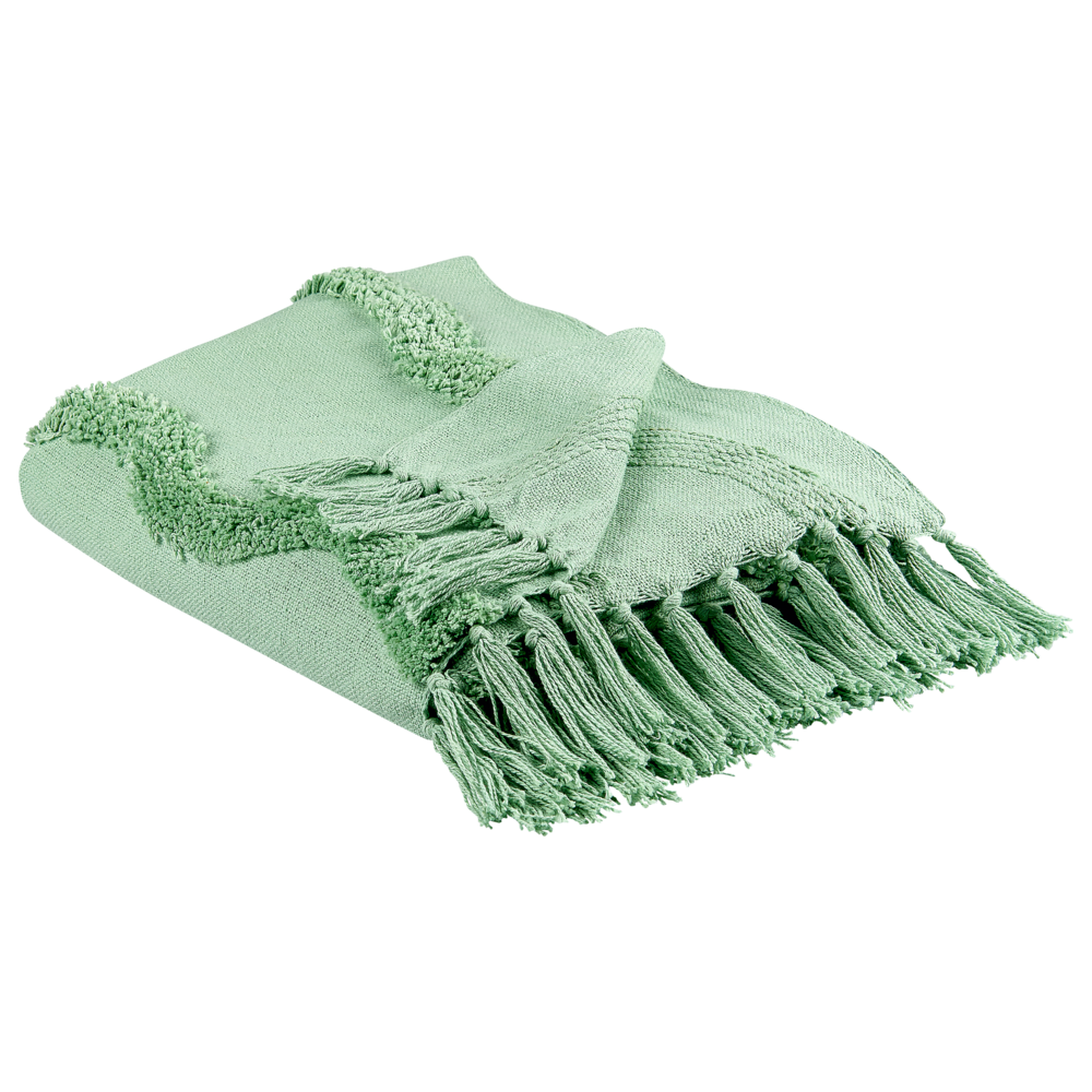 Coperta in cotone verde con frange e motivo geometrico 125 x 150 cm stile boho soggiorno camera da letto accessorio divano