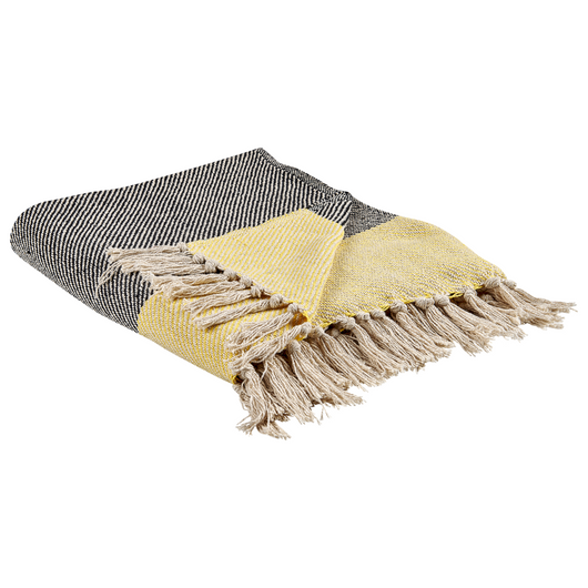 Coperta in cotone grigio e giallo con frange 125 x 150 cm stile boho soggiorno camera da letto accessorio divano