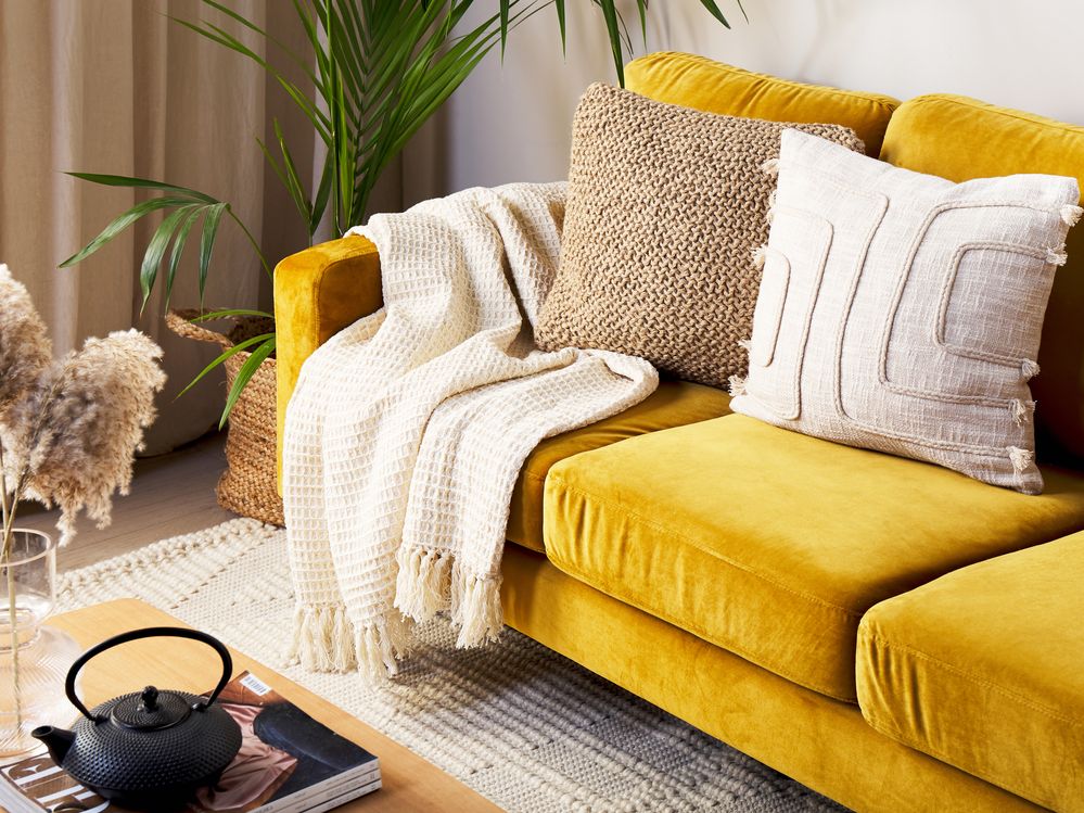 Coperta in cotone beige con frange 125 x 150 cm stile boho soggiorno camera da letto accessorio divano