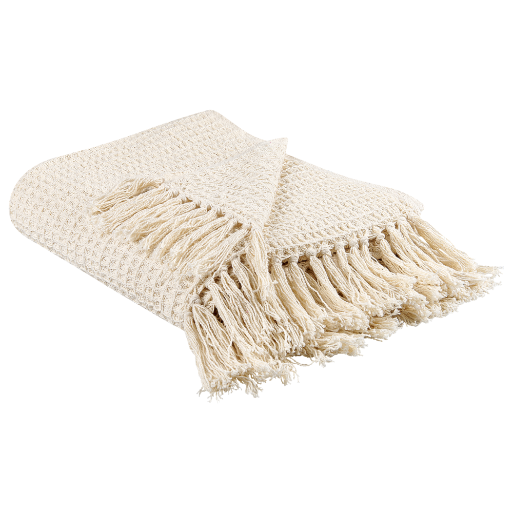 Coperta in cotone beige con frange 125 x 150 cm stile boho soggiorno camera da letto accessorio divano