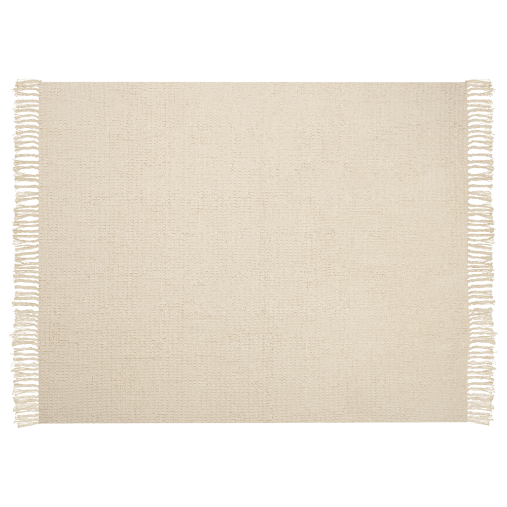 Coperta in cotone beige con frange 125 x 150 cm stile boho soggiorno camera da letto accessorio divano