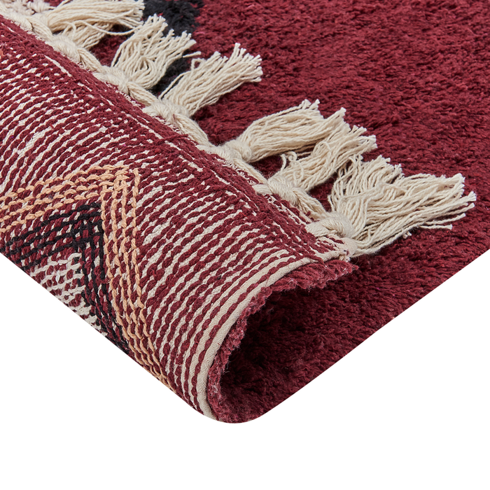 Tappeto in cotone con nappe e motivo a diamante rosso 160 x 230 cm soggiorno camera da letto