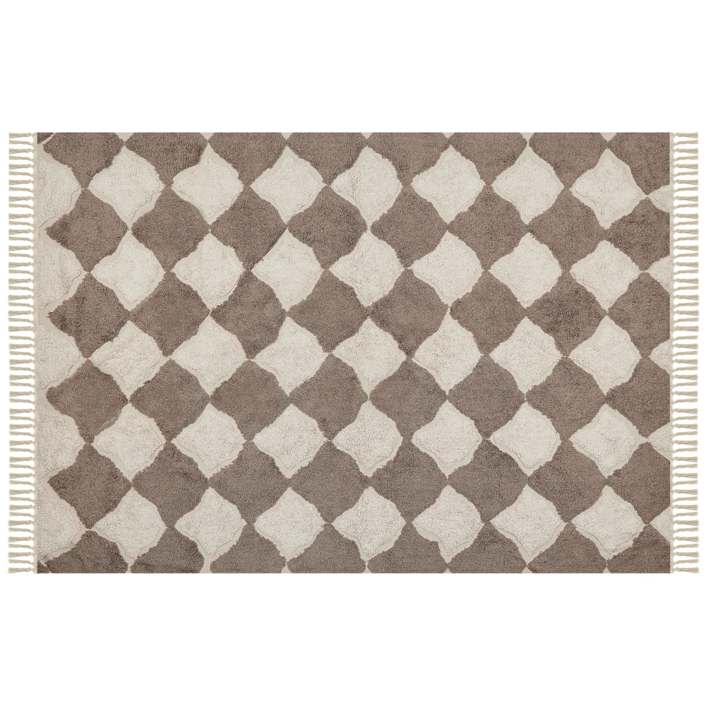 Tappeto in cotone con nappe e motivo a geometrico marrone e beige 160 x 230 cm soggiorno camera da letto