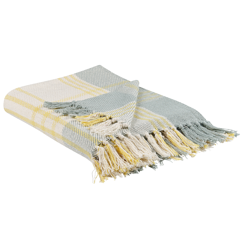 Coperta a quadri verdi e gialli in cotone con frange fatta a mano 125 x 150 cm soggiorno camera da letto divano plaid copriletto