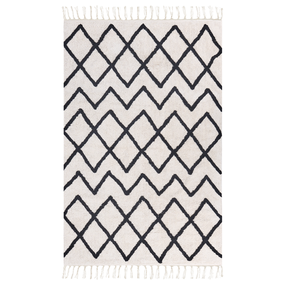 Tappeto geometrico cotone trapuntato con nappe 160 x 230 cm beige e nero soggiorno camera da letto