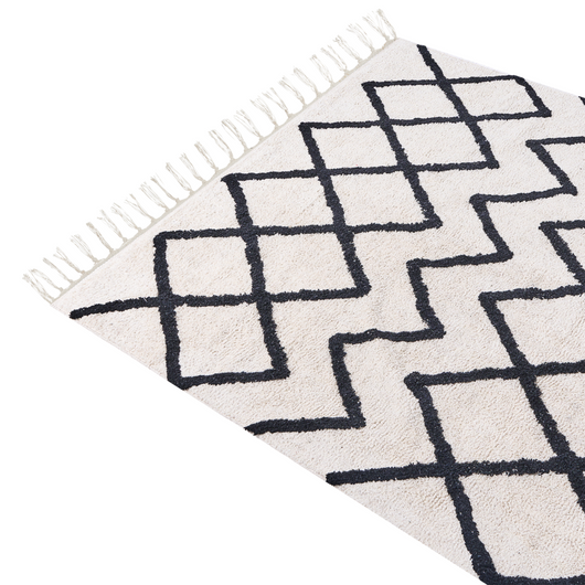 Tappeto geometrico cotone trapuntato con nappe 160 x 230 cm beige e nero soggiorno camera da letto