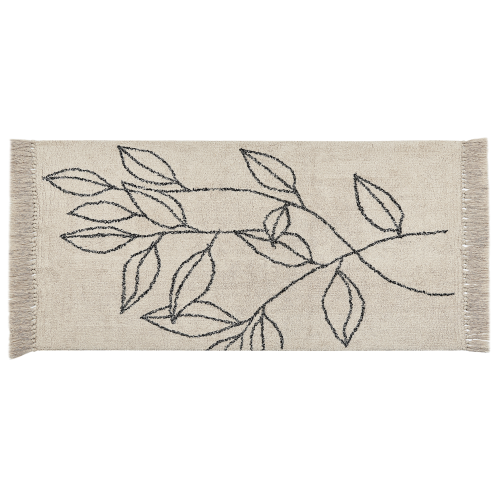 Tappeto cotone trapuntato motivo a foglie e nappe 80 x 150 cm beige e nero soggiorno camera da letto