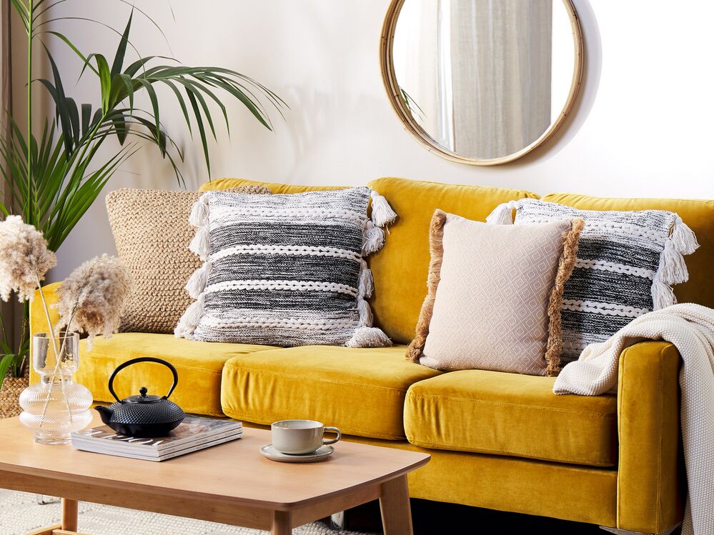 Set di 2 cuscini decorativi in cotone nero e grigio 45 x 45 cm con nappe in stile boho con imbottitura