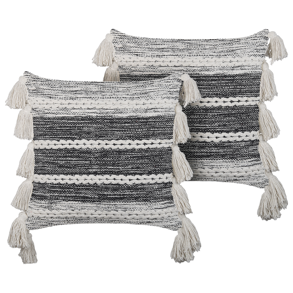 Set di 2 cuscini decorativi in cotone nero e grigio 45 x 45 cm con nappe in stile boho con imbottitura