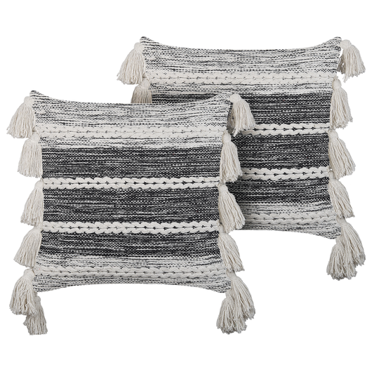 Set di 2 cuscini decorativi in cotone nero e grigio 45 x 45 cm con nappe in stile boho con imbottitura