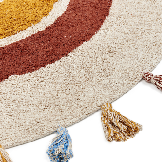 Tappeto multicolore in cotone ø 120 cm rotondo con nappine motivo geometrico arcobaleno per soggiorno camera da letto cameretta bambini Tappeto