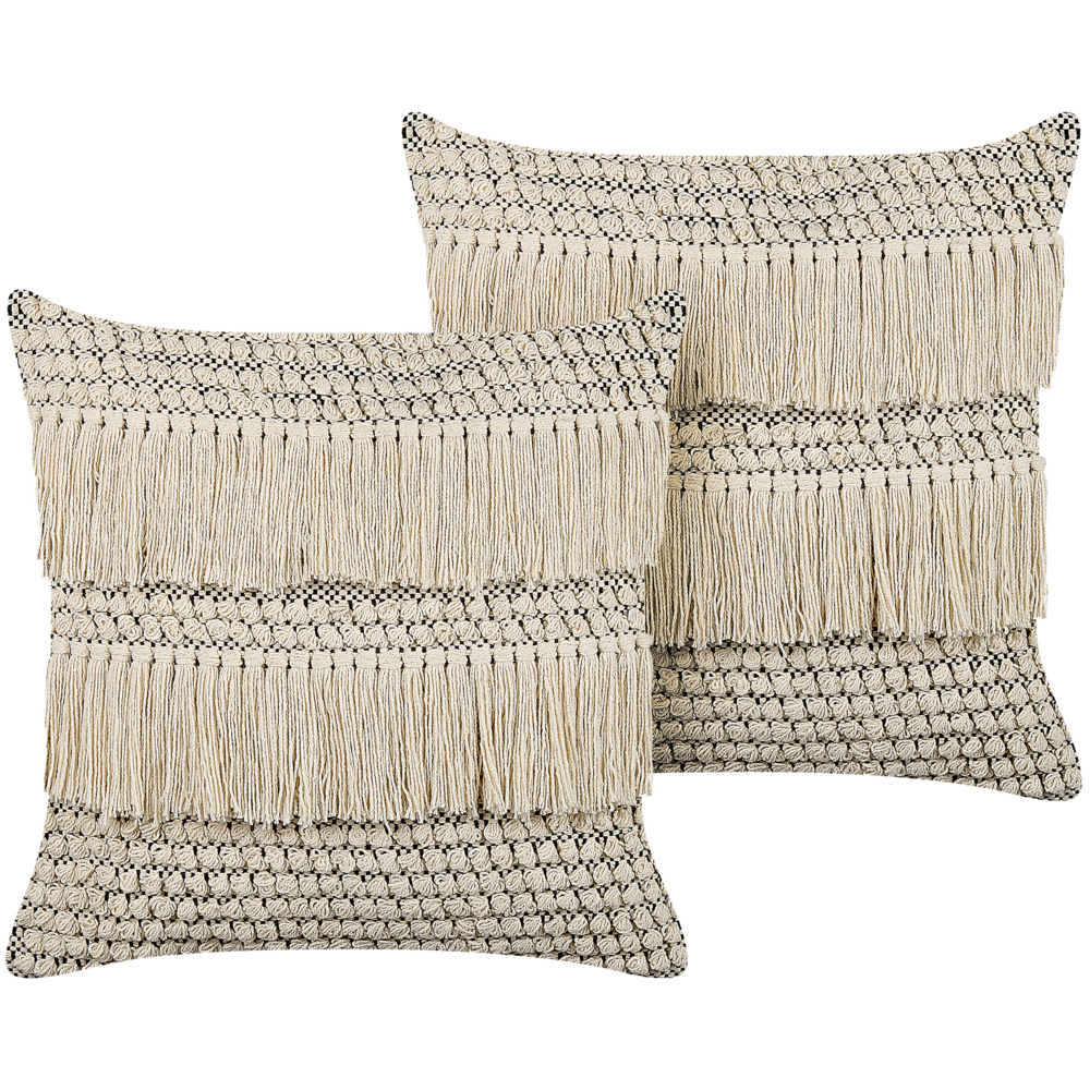 Set di 2 cuscini decorativi in cotone beige 45 x 45 cm tinta unita con fodera per cuscino Boho con nappe