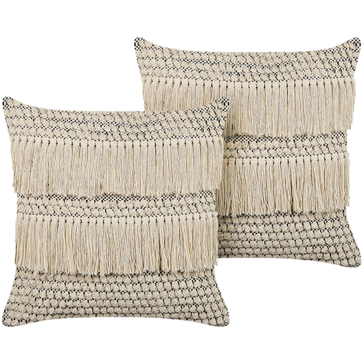 Set di 2 cuscini decorativi in cotone beige 45 x 45 cm tinta unita con fodera per cuscino Boho con nappe