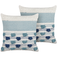 Set di 2 cuscini decorativi in cotone bianco e blu 45 x 45 cm tinta unita con nappine federa boho
