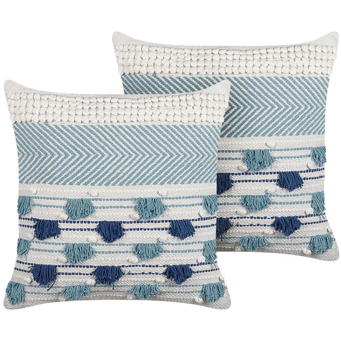 Set di 2 cuscini decorativi in cotone bianco e blu 45 x 45 cm tinta unita con nappine federa boho