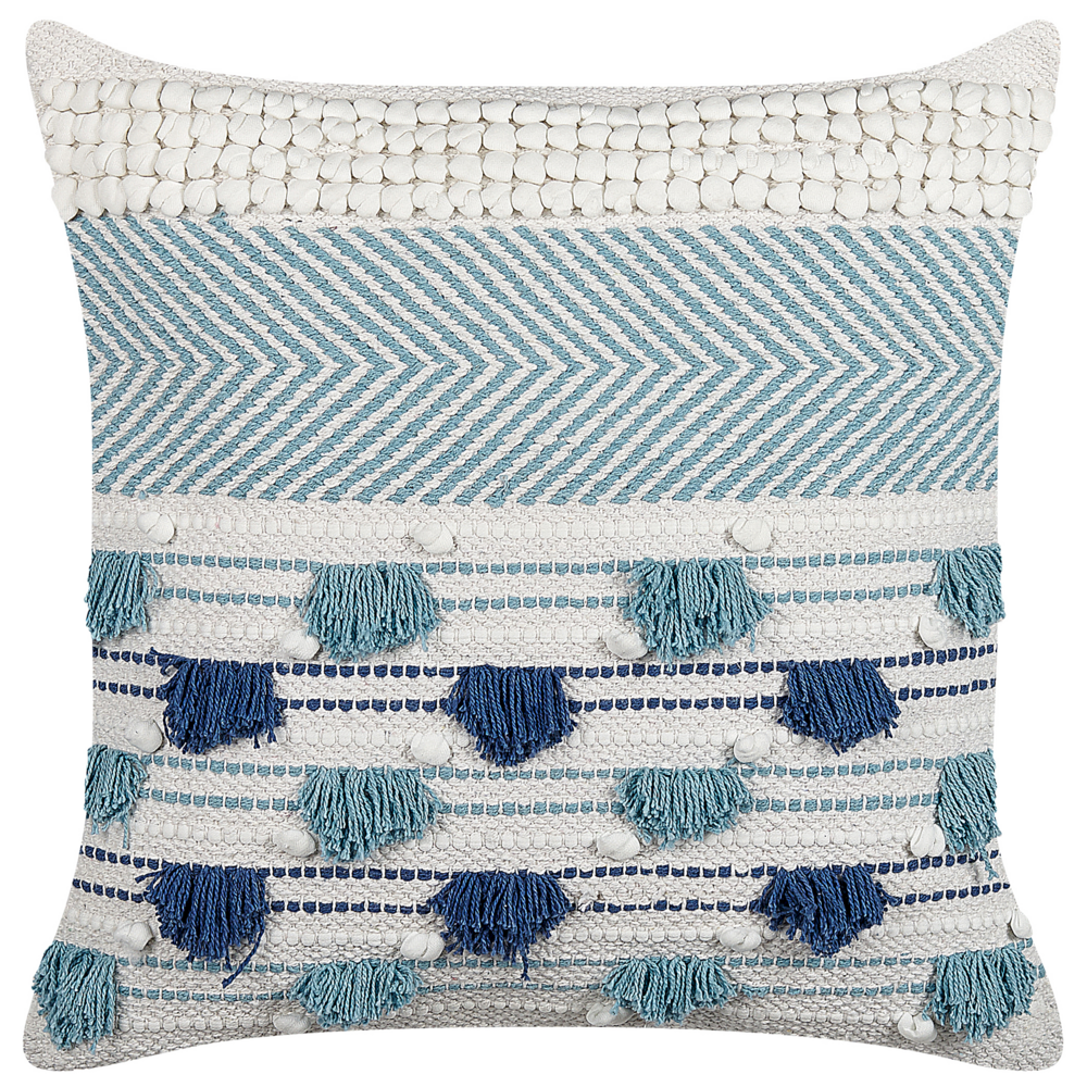 Set di 2 cuscini decorativi in cotone bianco e blu 45 x 45 cm tinta unita con nappine federa boho