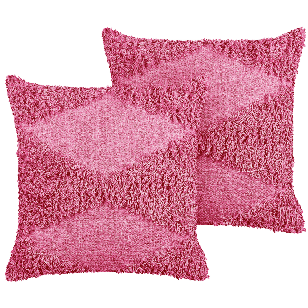 Set di 2 cuscini decorativi in cotone rosa 45 x 45 cm federa boho trapuntata a motivi geometrici solidi